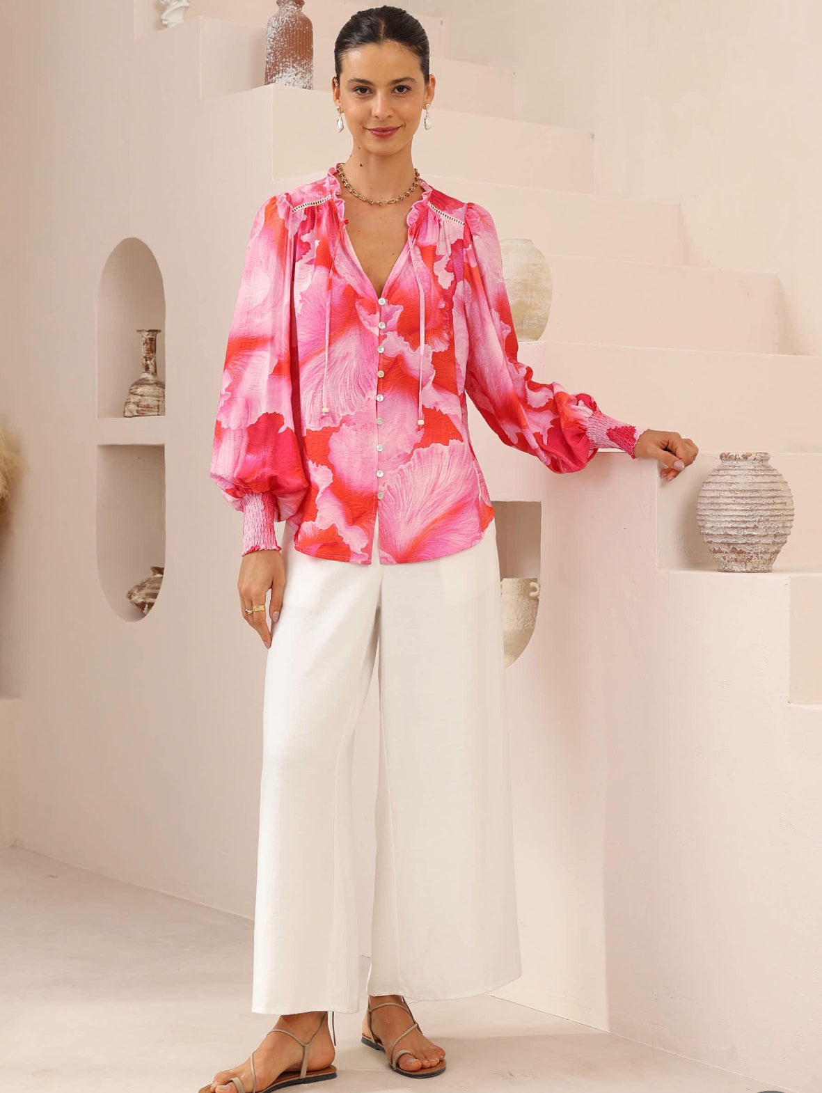 Pamela Red/Pink Hibiscus Blouse