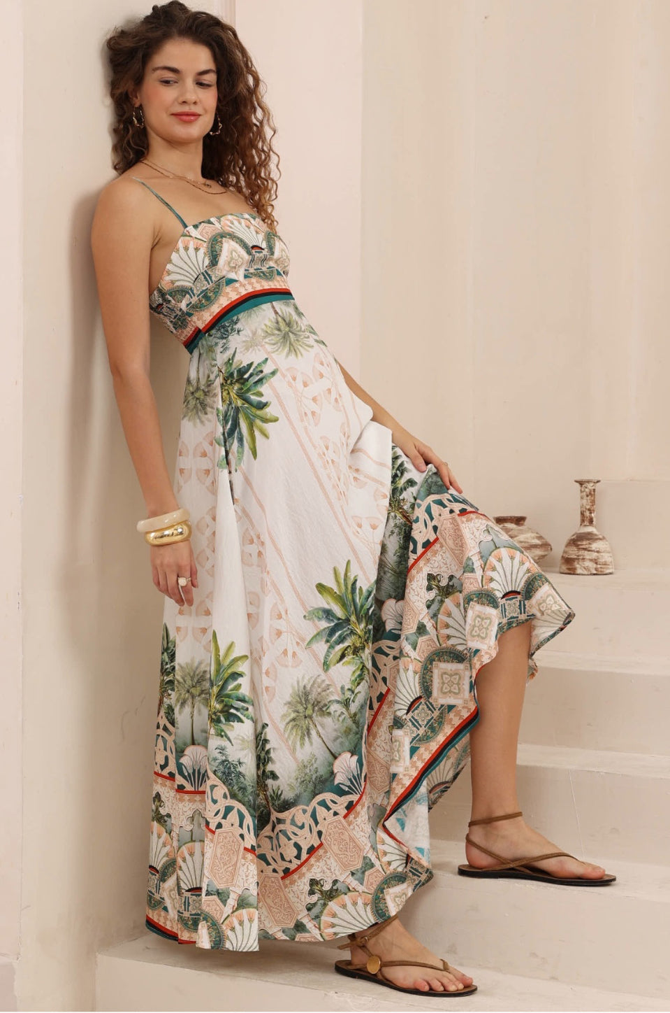 Morroco Palm White/Red/Green Maxi Dress