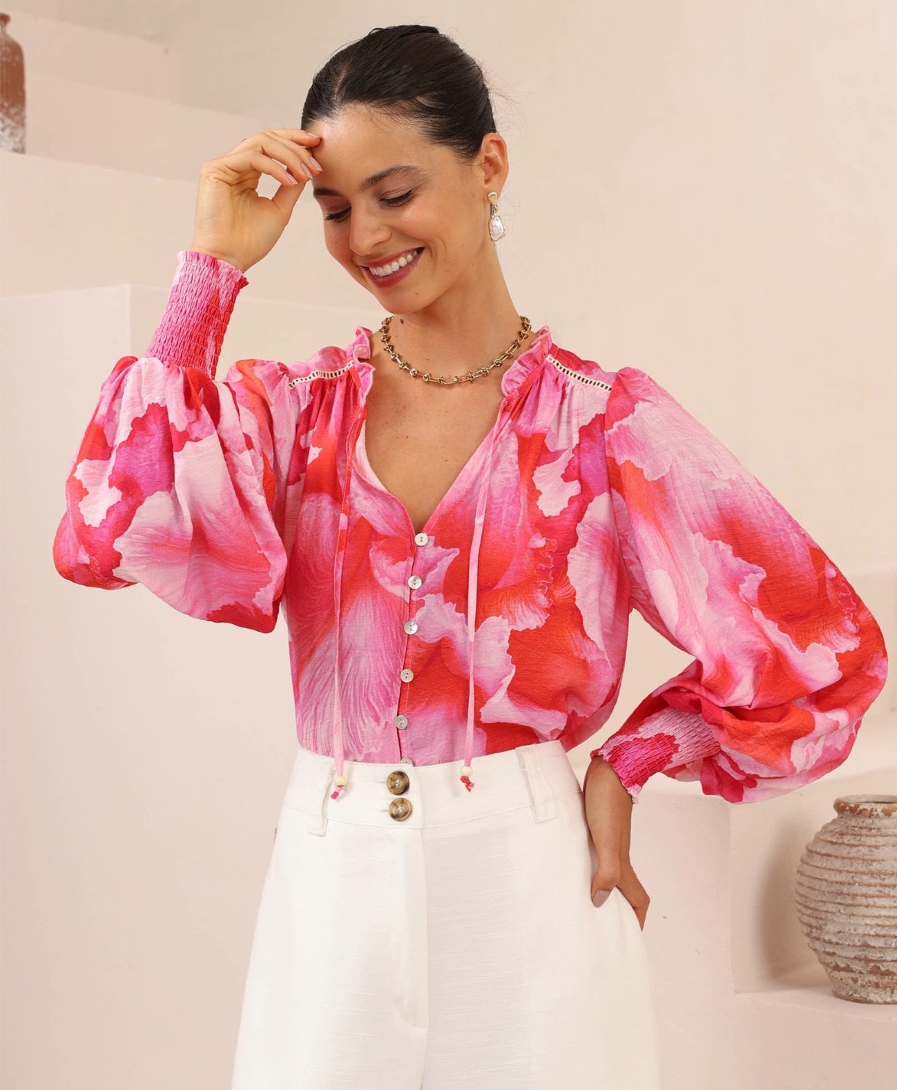 Pamela Red/Pink Hibiscus Blouse