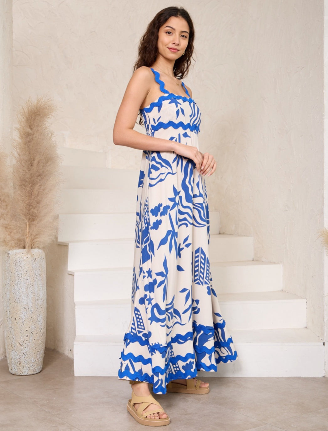 Summer White/Blue Ric Rac Maxi Dress
