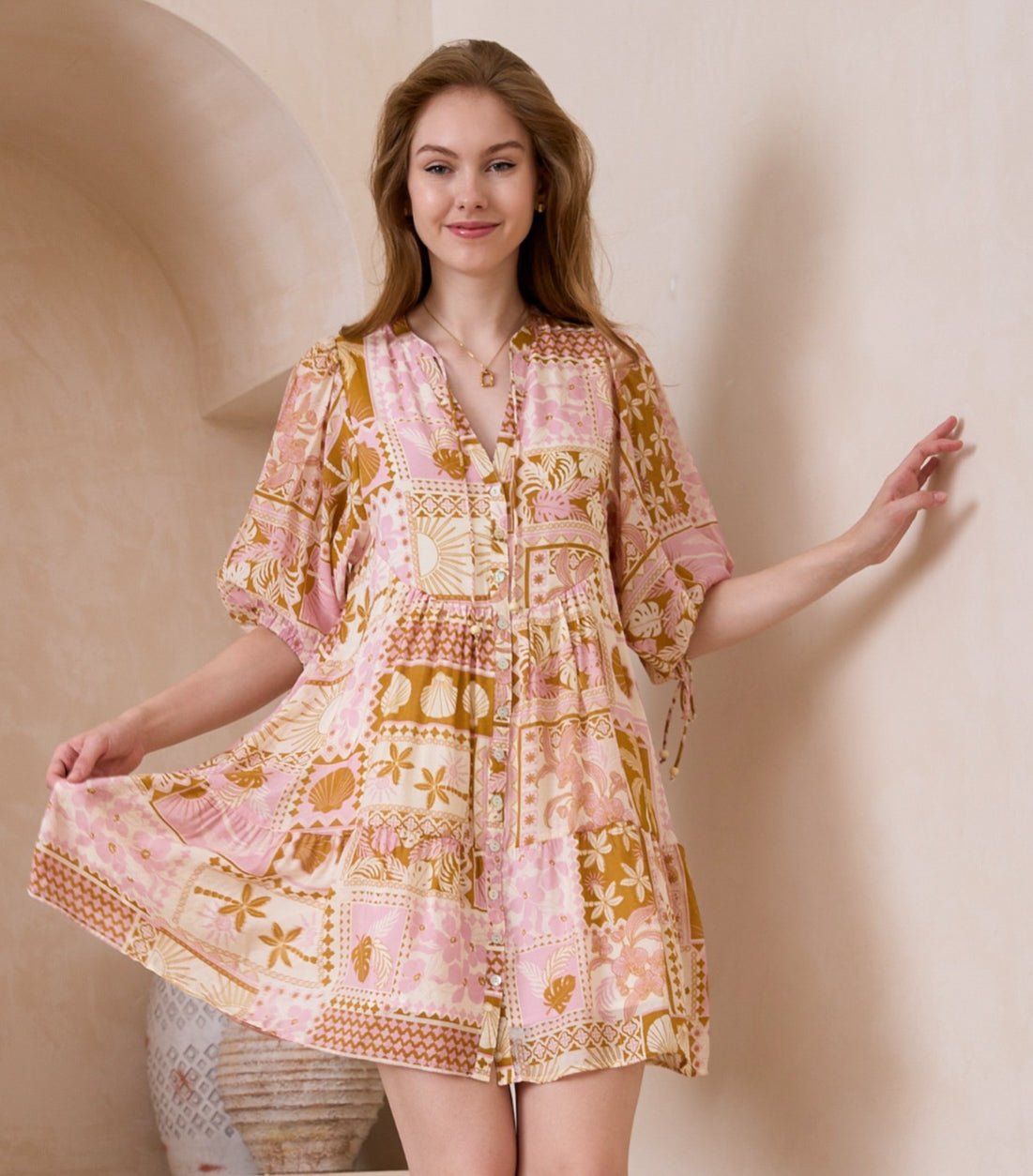 Belinda Tan/Pink Block Print Mini Dress