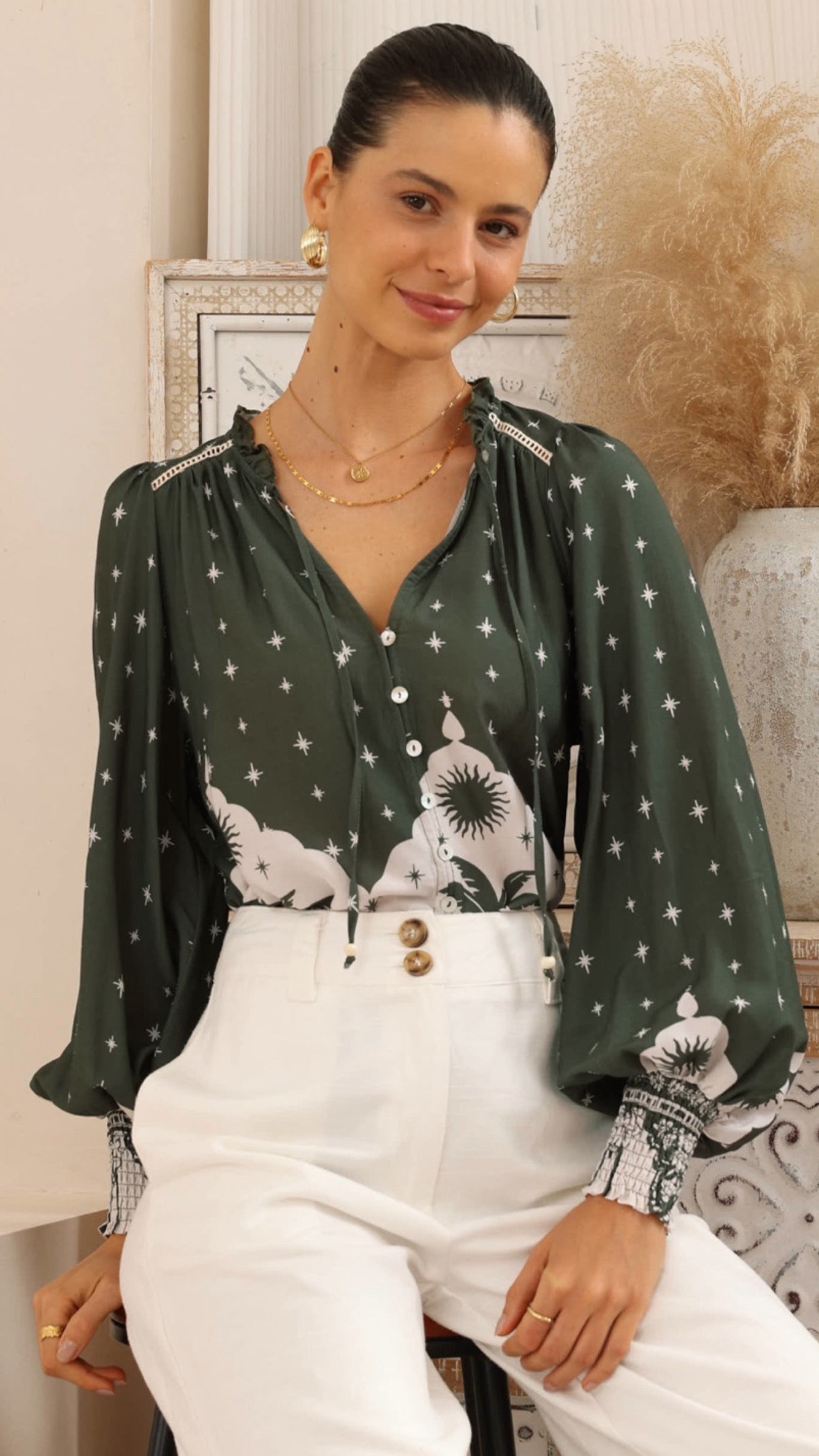 Pamela Star Khaki/Cream Blouse