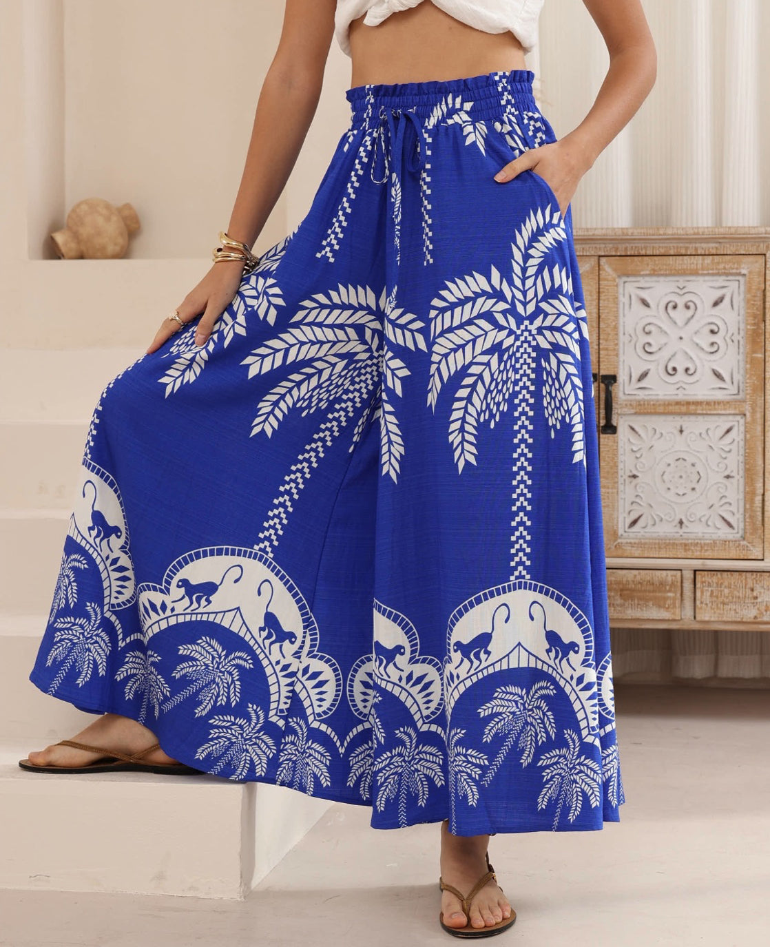 Panama Blue/White Palm Print Palazzo Pants