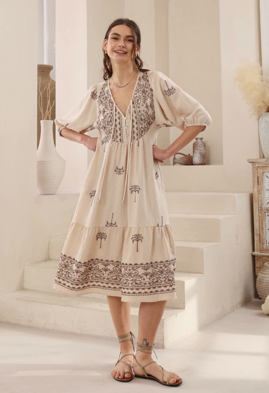 Belinda Mocha Palm Midi Dress