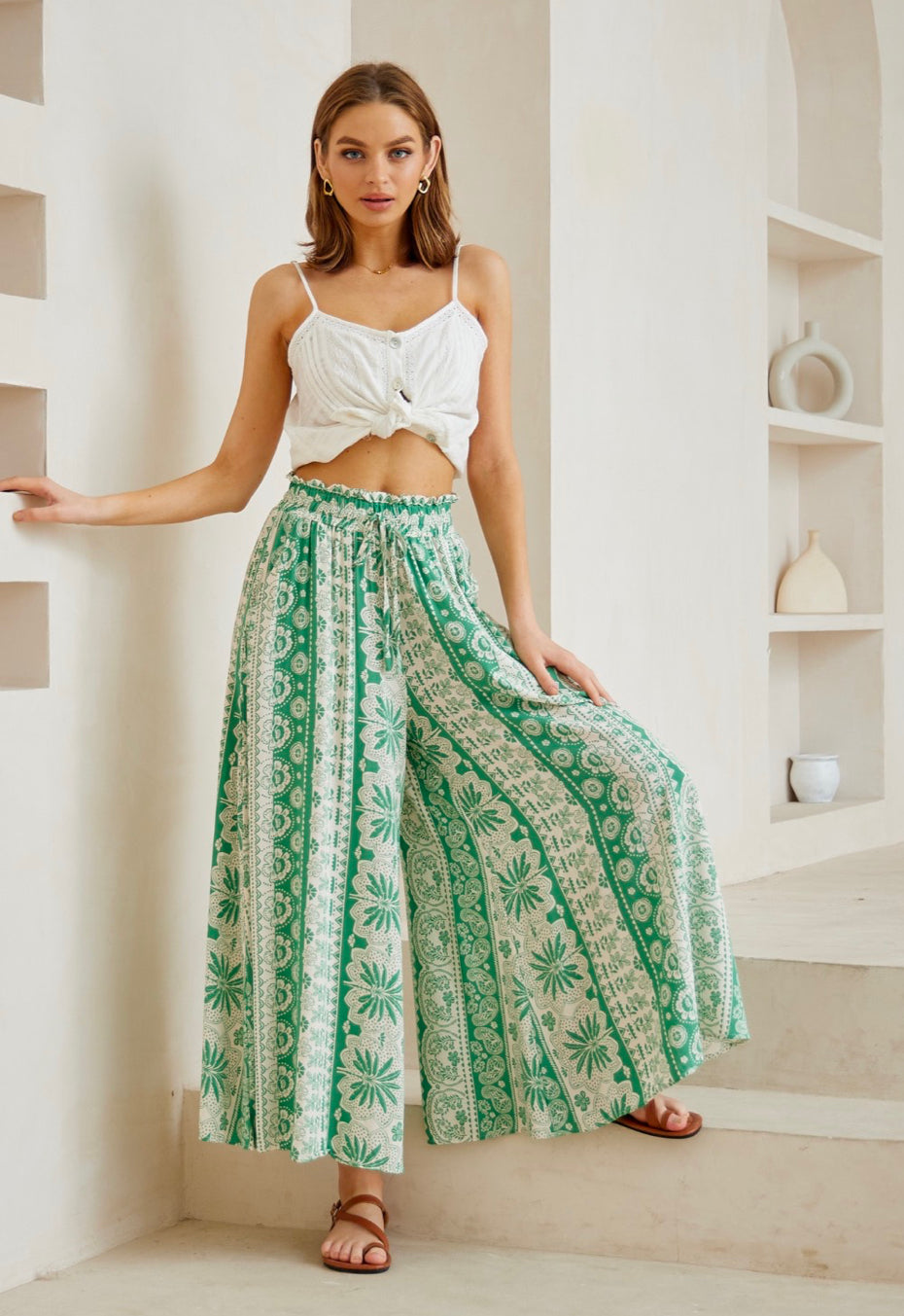 Panama Green/White Palm Print Palazzo Pants