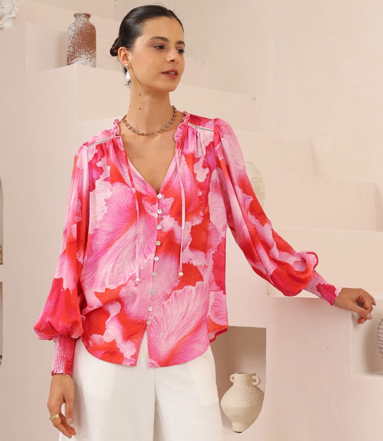 Pamela Red/Pink Hibiscus Blouse