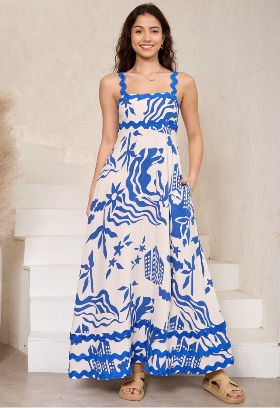 Summer White/Blue Ric Rac Maxi Dress