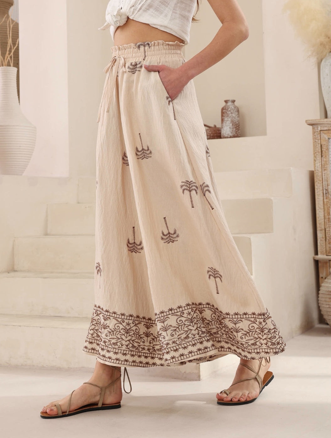 Mocha Palm Palazzo Pants