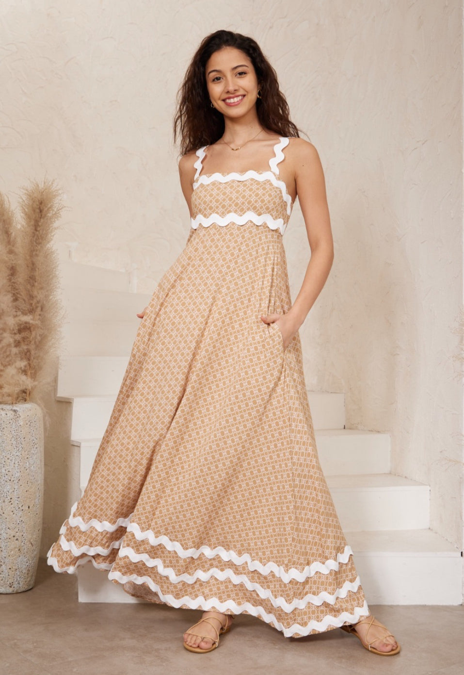 Summer Natural/White Ric Rac Maxi Dress