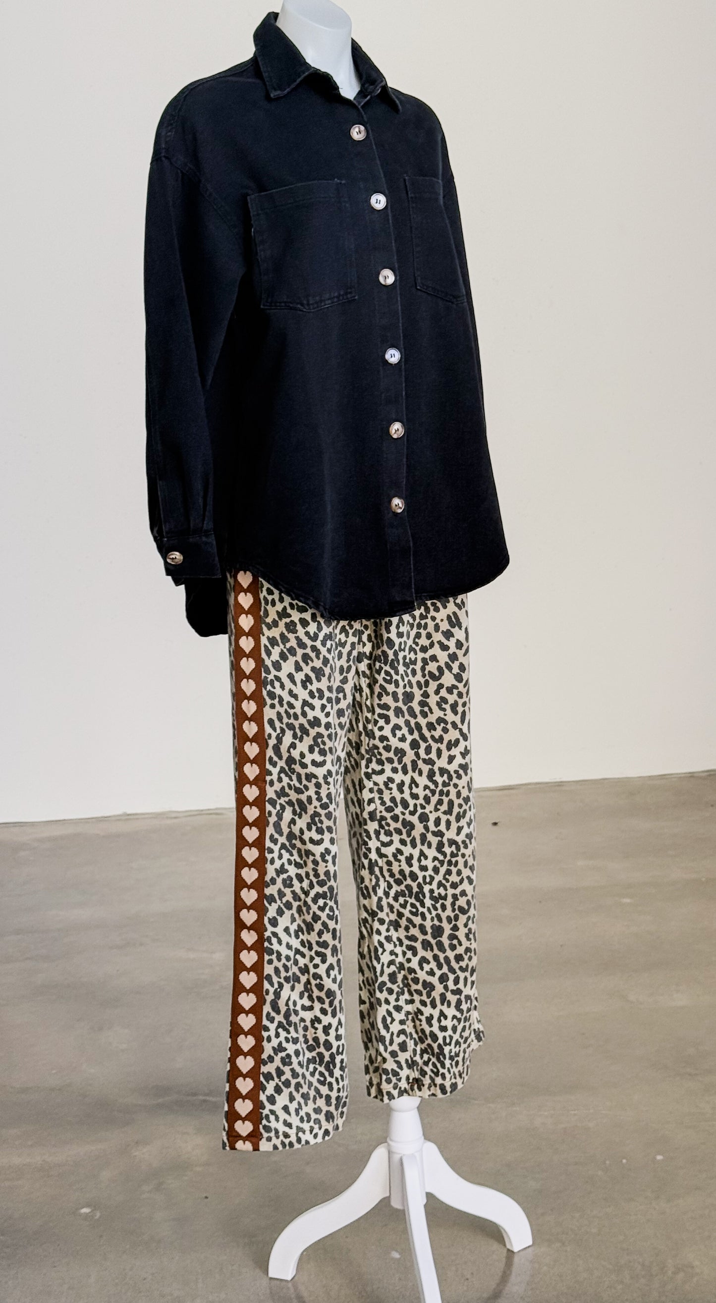 Leo Mocha Hearts Wide Leg Leopard Denim Pant