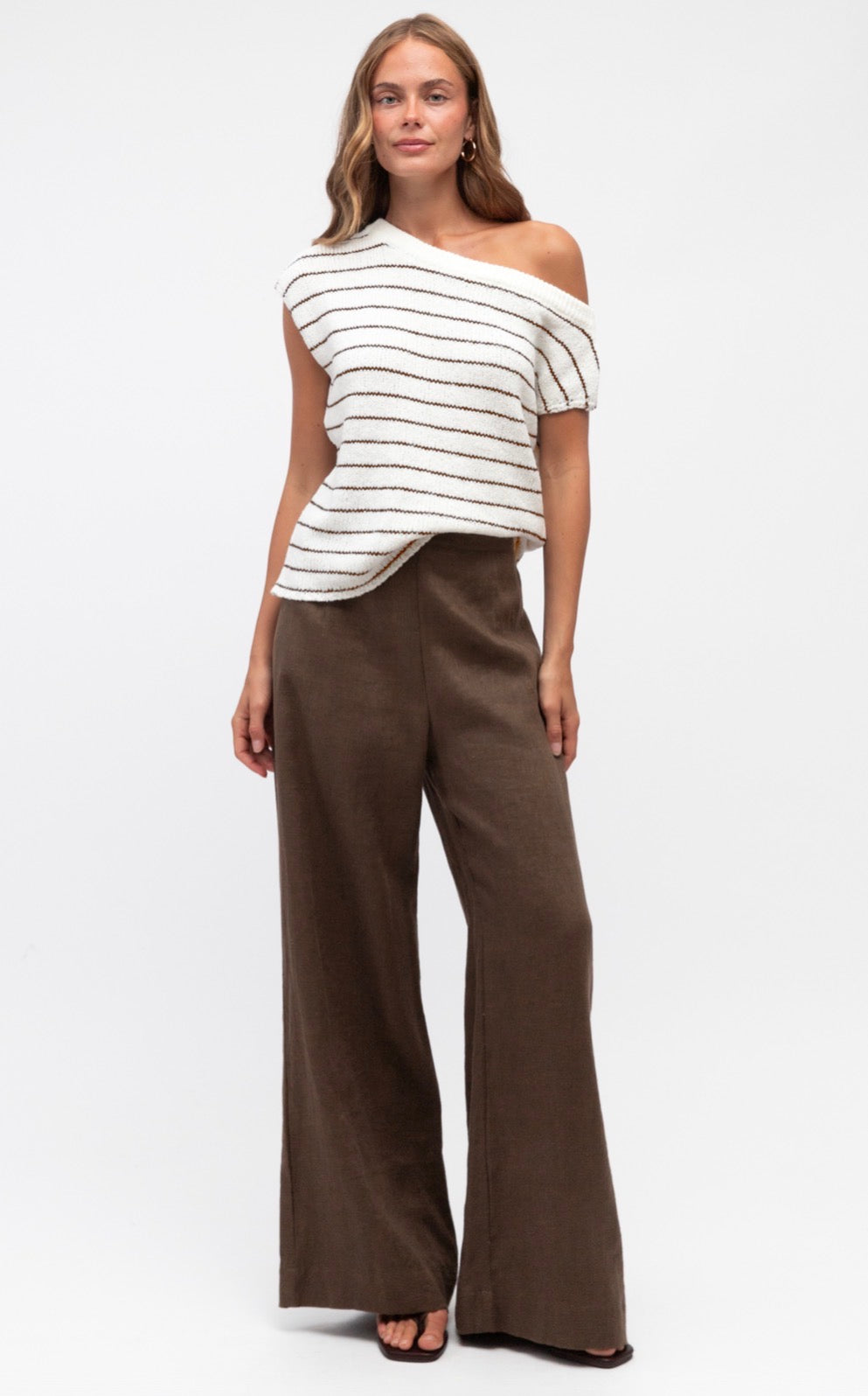 Carrie White/Oatmeal Stripe Off the Shoulder Knit Top