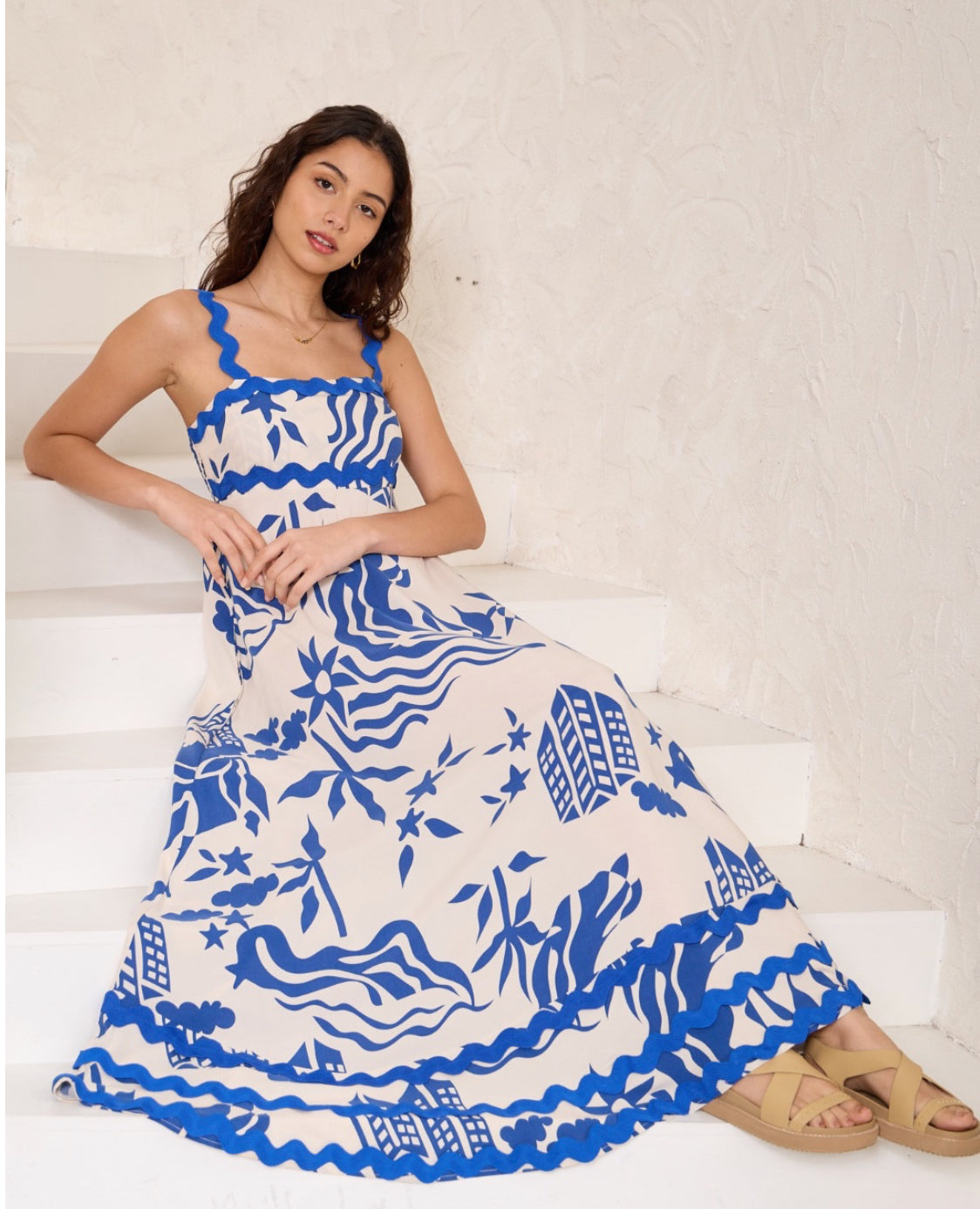Summer White/Blue Ric Rac Maxi Dress