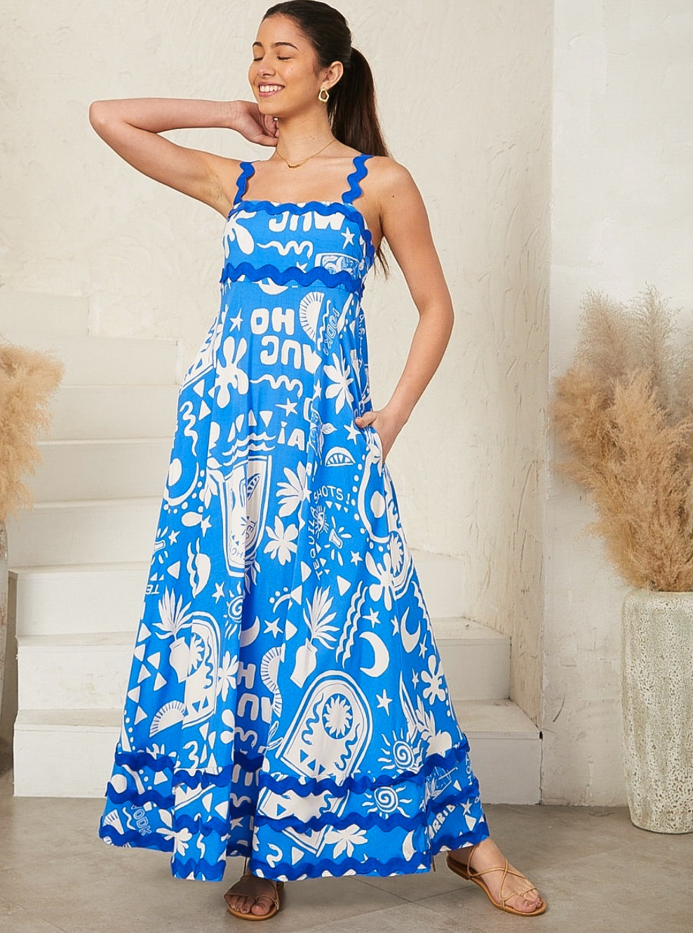 Summer Tequiila Blue/White Ric Rac Maxi Dress