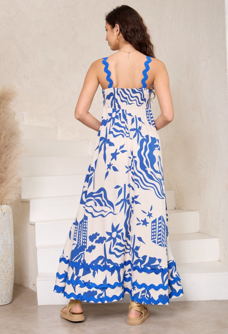 Summer White/Blue Ric Rac Maxi Dress