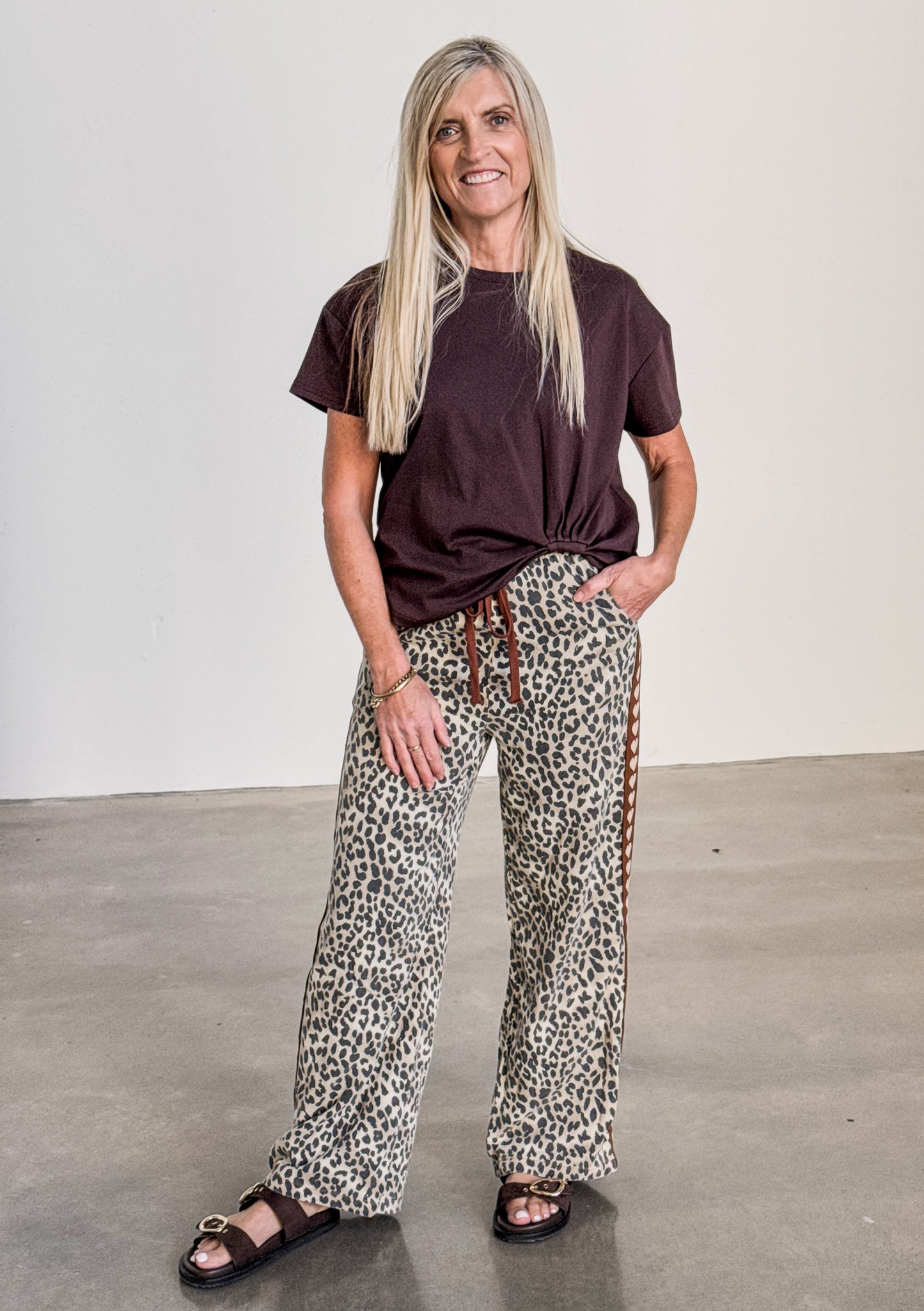 Leo Mocha Hearts Wide Leg Leopard Denim Pant