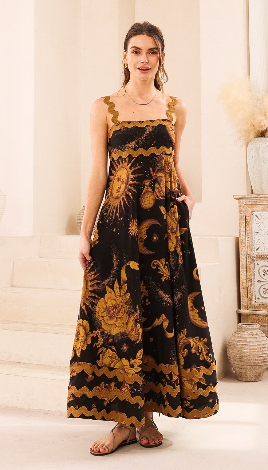 Black/Gold Sun Ric Rac Maxi Dress