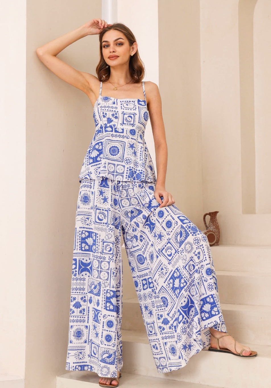 Seaside Blue/White Print Palazzo Pants