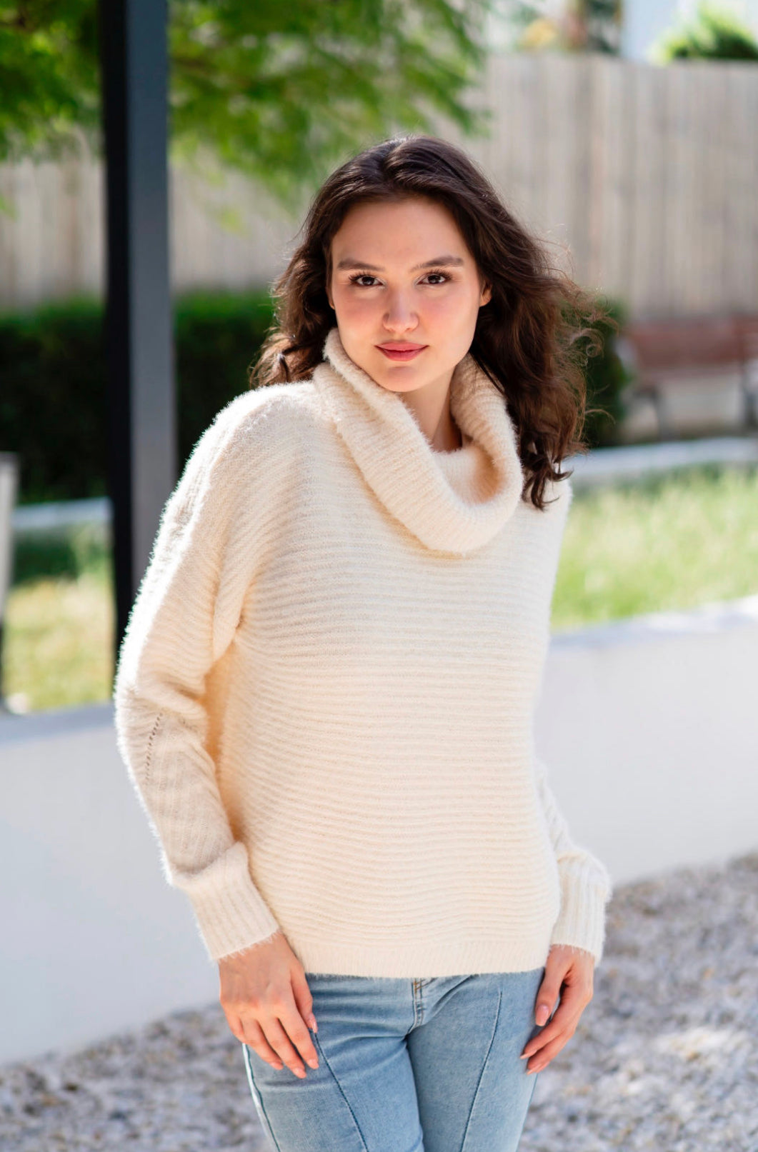 Fluffy CreamCowl Neck Knit