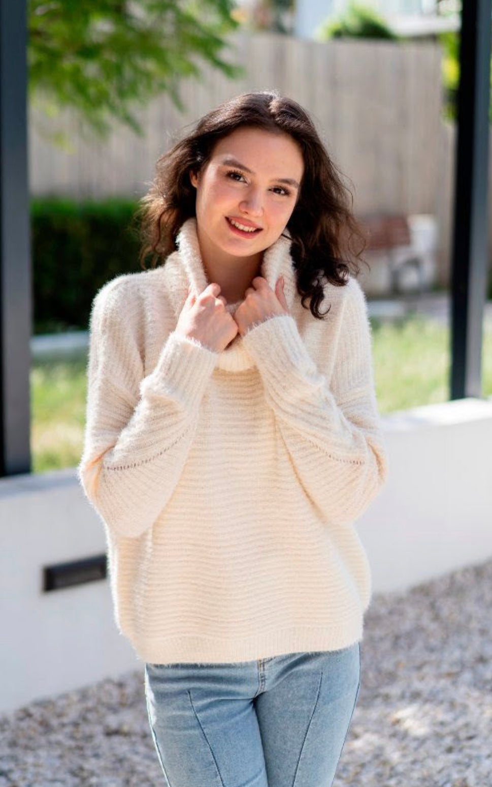 Fluffy CreamCowl Neck Knit