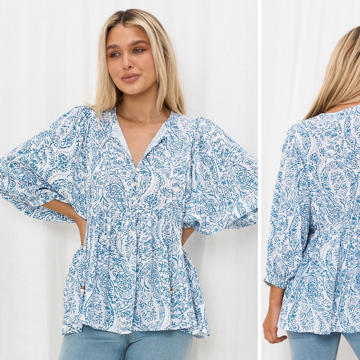 Belle Blue and White Print Blouse