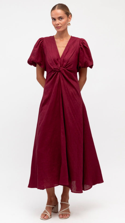 Chrystal Twist Merlot Linen Dress