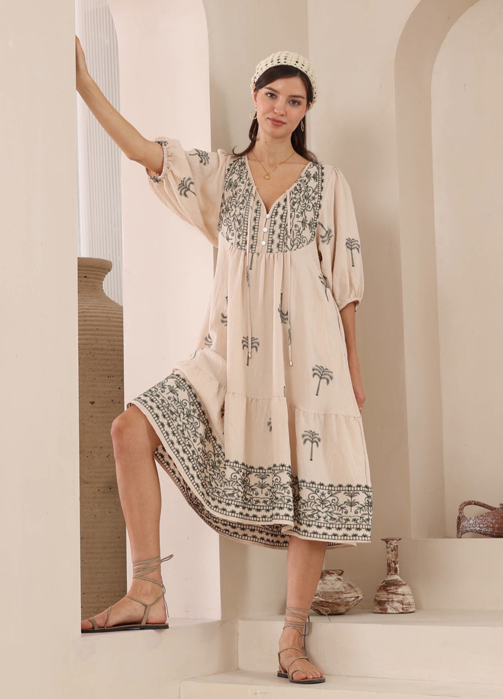 Belinda Green/Natural Palm Midi Dress