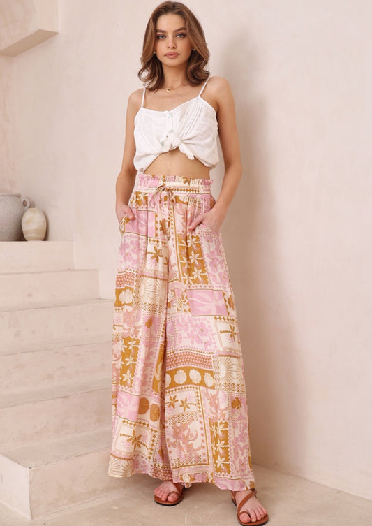 Panama Tan/Pink Block Print Palazzo Pants