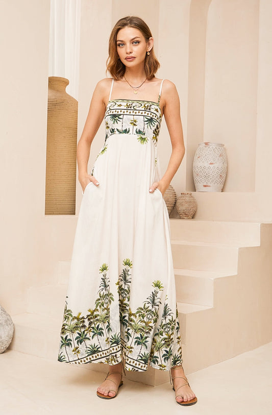 Tropical Palm White/Green Maxi  Dress