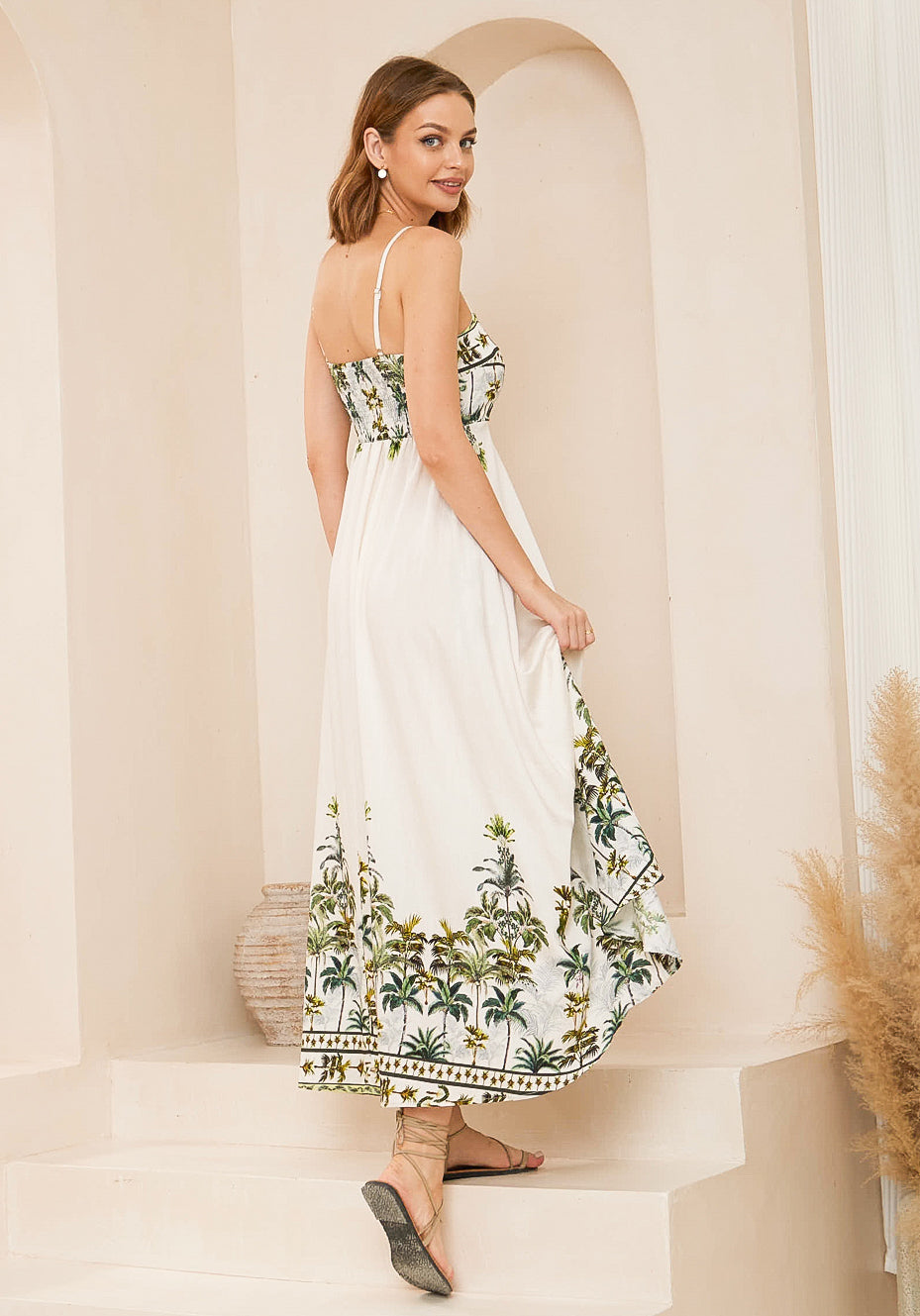 Tropical Palm White/Green Maxi  Dress