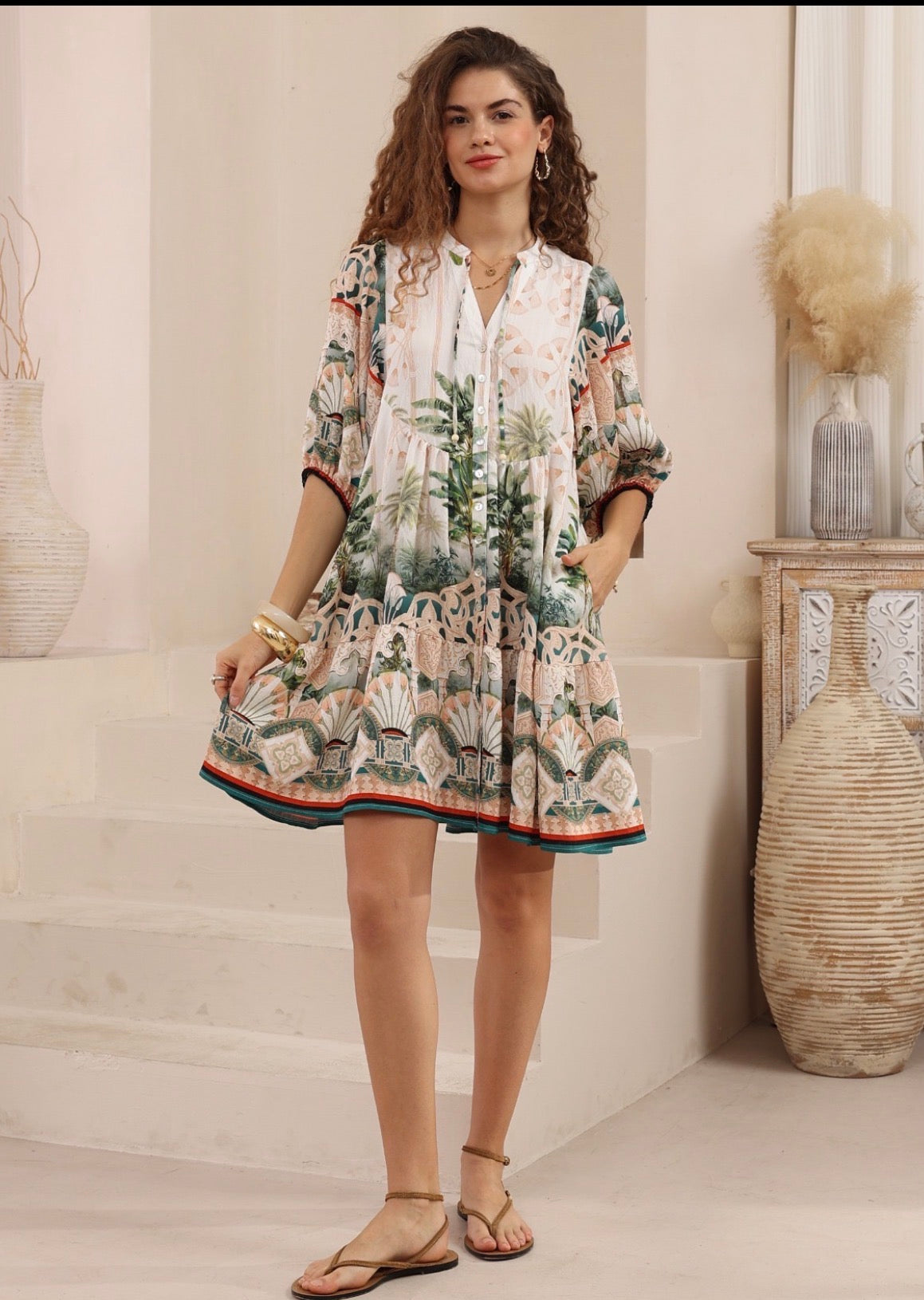 Belinda Green/Red/White Morroco Palm Mini Dress