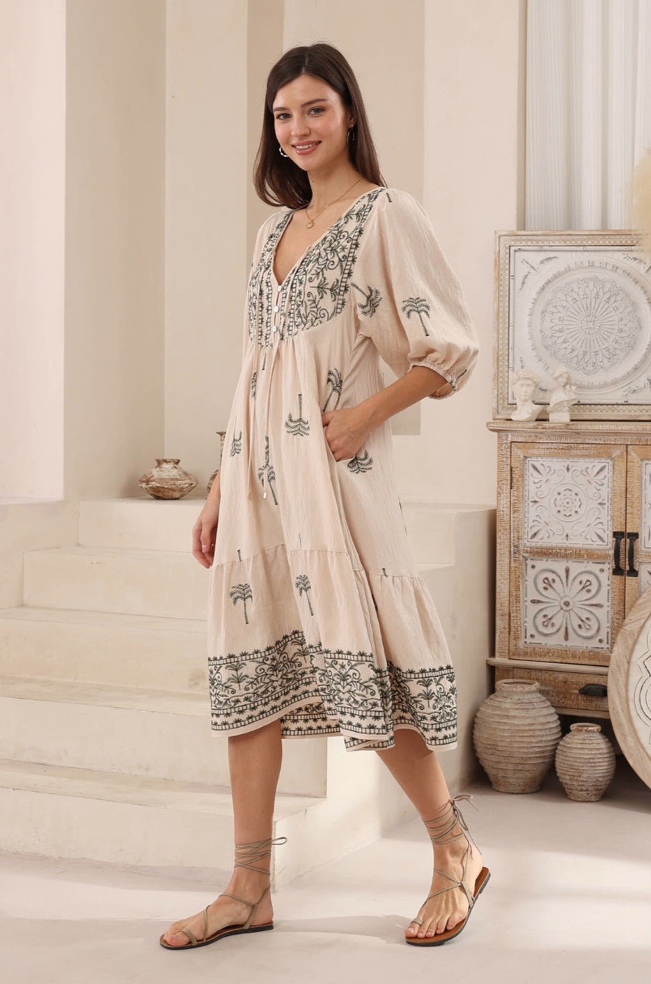 Belinda Green/Natural Palm Midi Dress