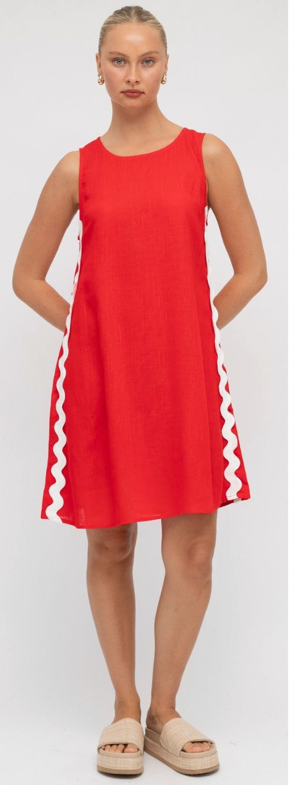 Barcelona Mini Red with White Ric Rac Maxi Dress