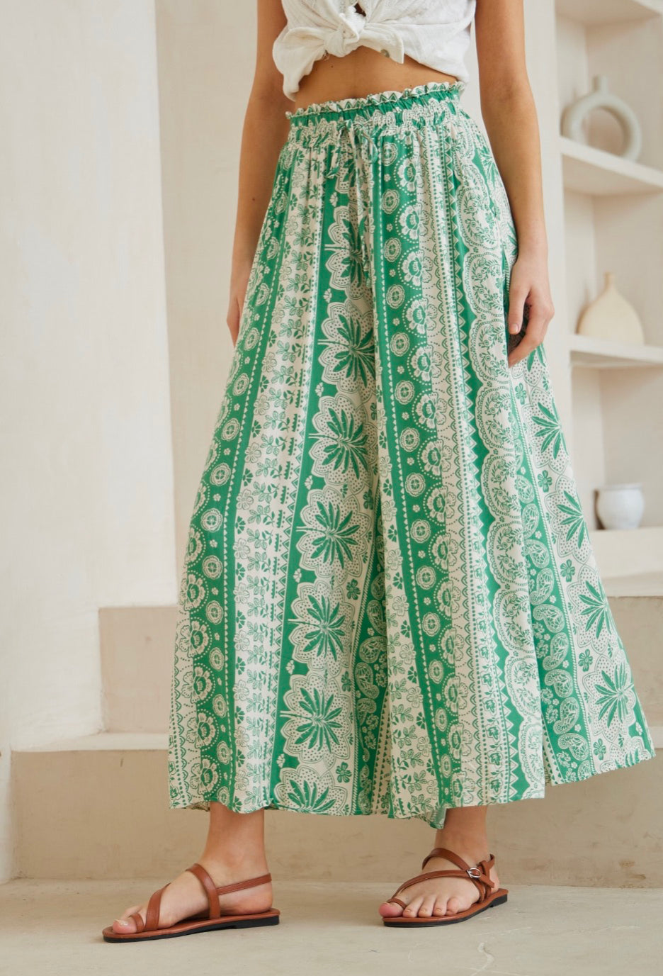 Panama Green/White Palm  Print Palazzo Pants