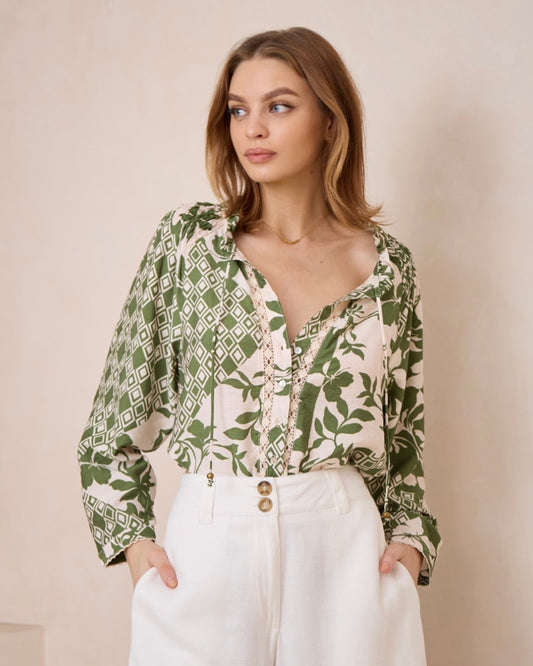 Florence  Green and Natural Print Blouse