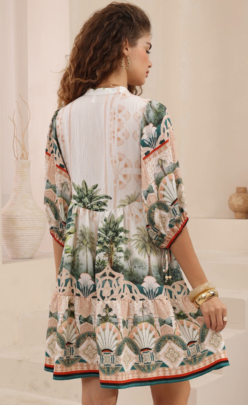 Belinda Green/Red/White Morroco Palm Mini Dress