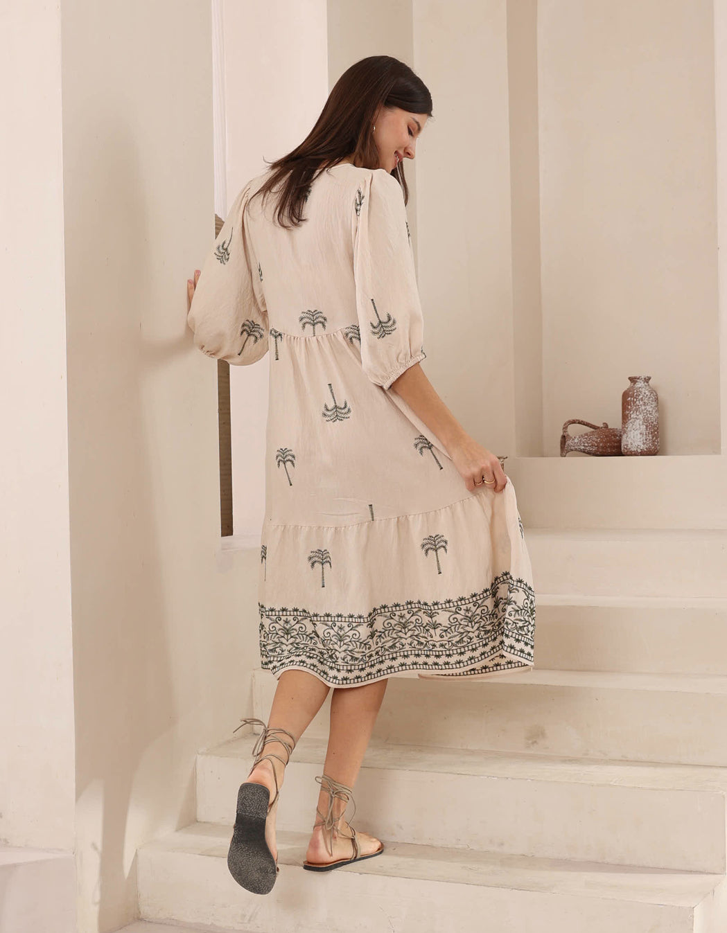 Belinda Green/Natural Palm Midi Dress