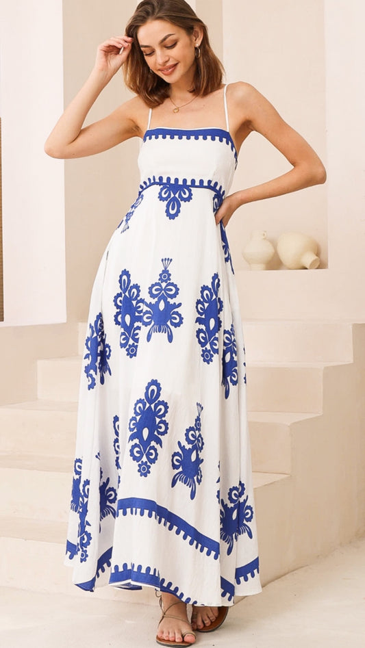 Bali Dreams  White/Blue Maxi  Dress