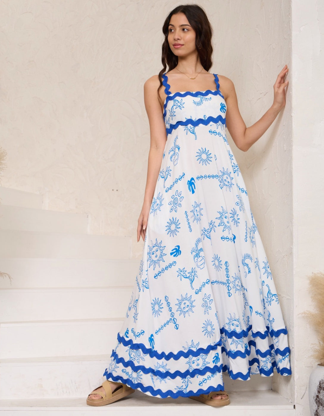 Summer Blue Sun  Ric Rac Maxi Dress