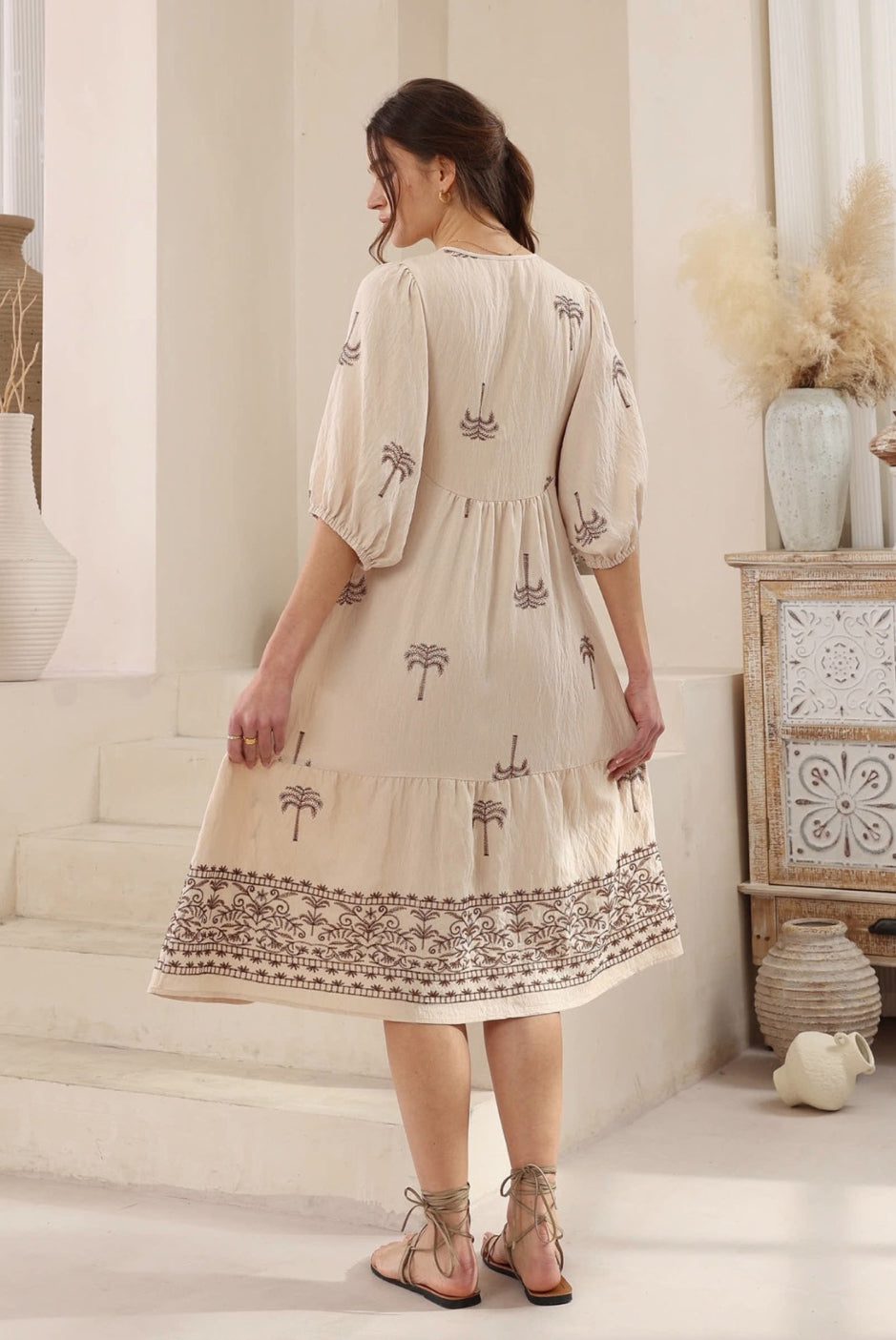 Belinda Mocha Palm Midi Dress