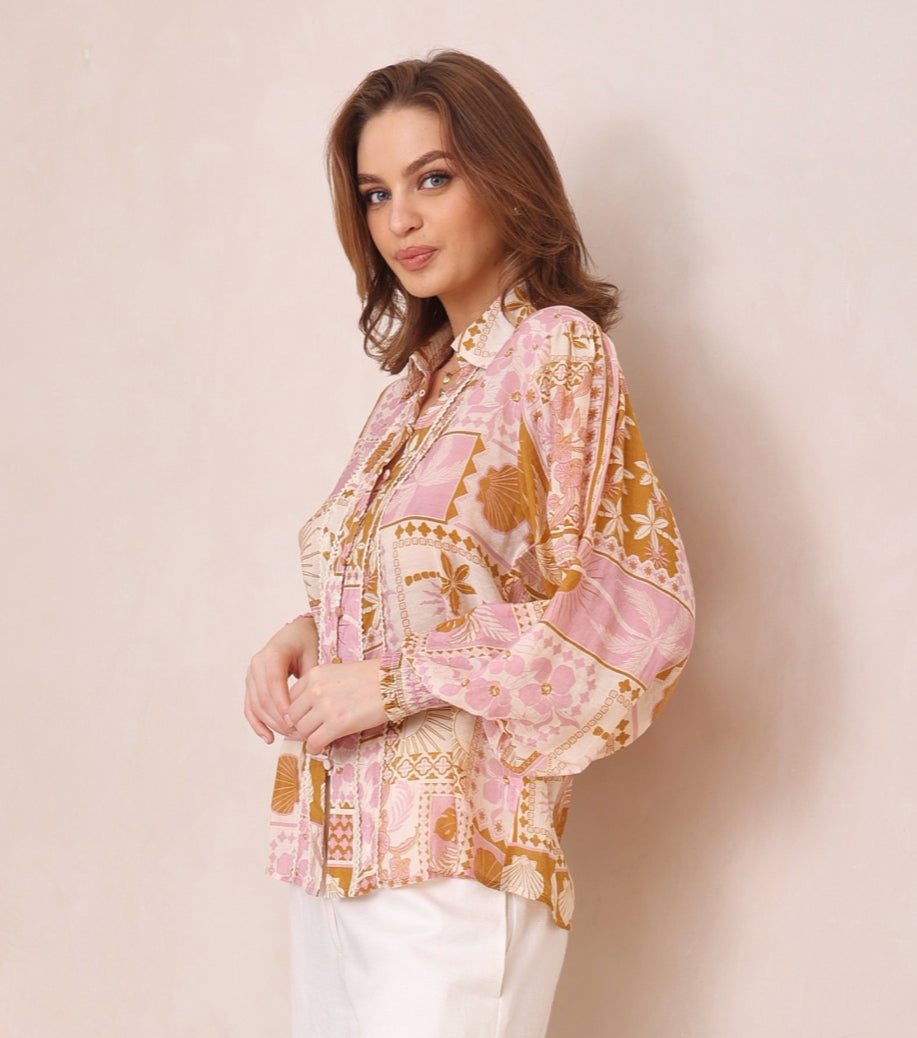 Elizabeth Pink/Tan Floral print Blouse