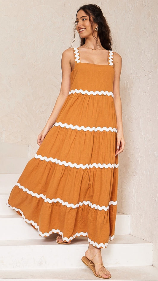 Carolyn Maxi Mustard/White Dress