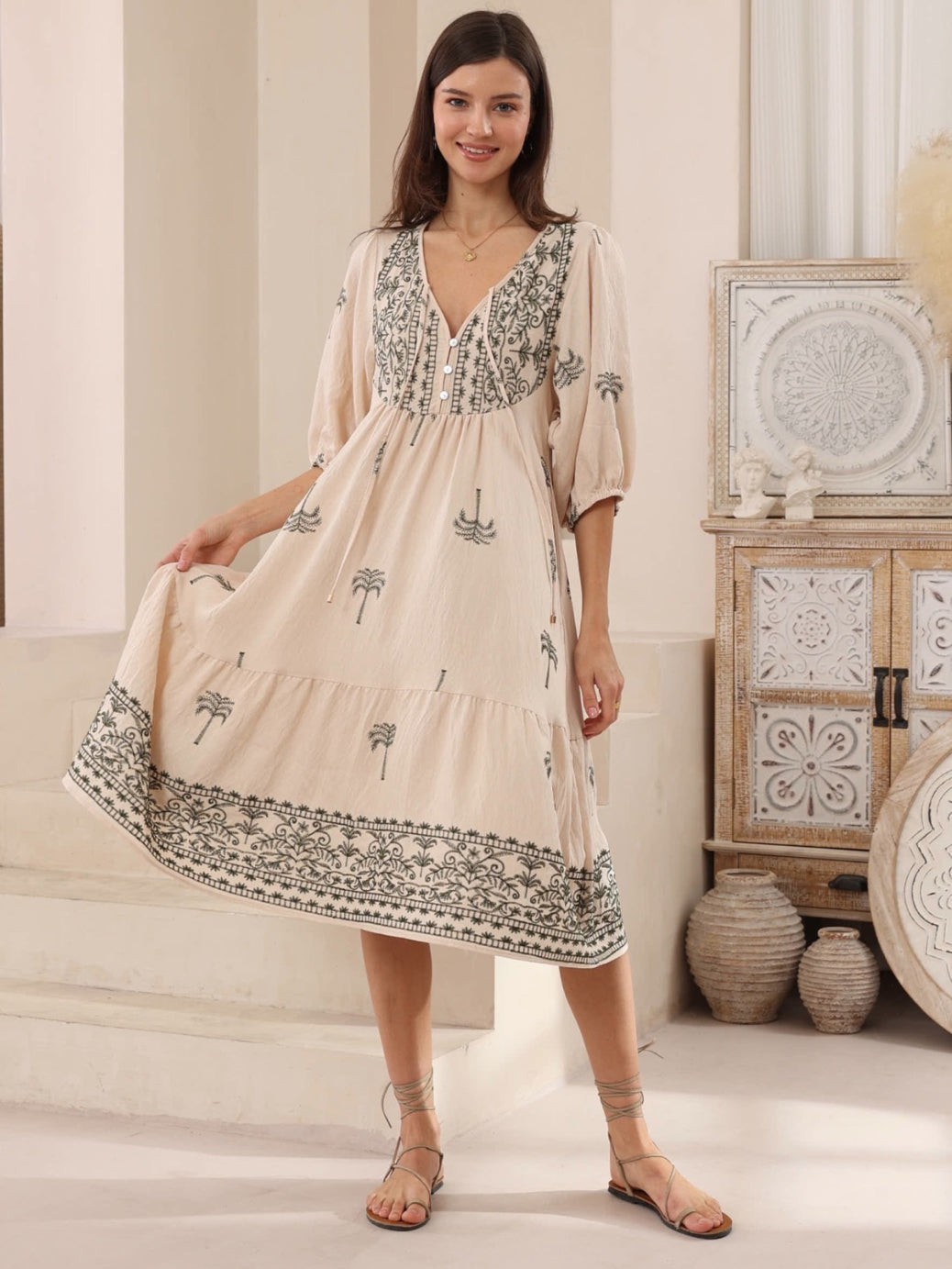 Belinda Green/Natural Palm Midi Dress