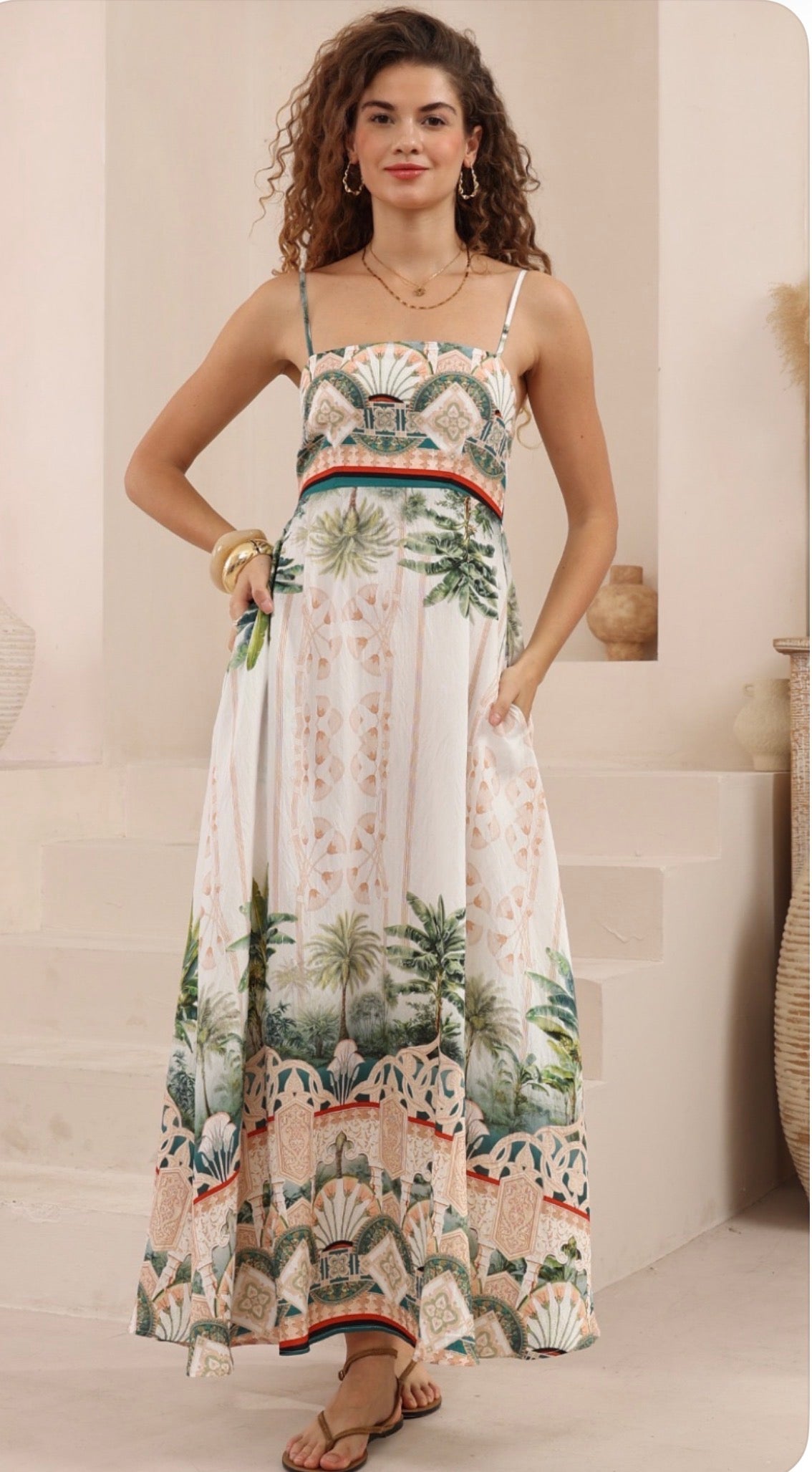 Morroco Palm White/Red/Green Maxi  Dress