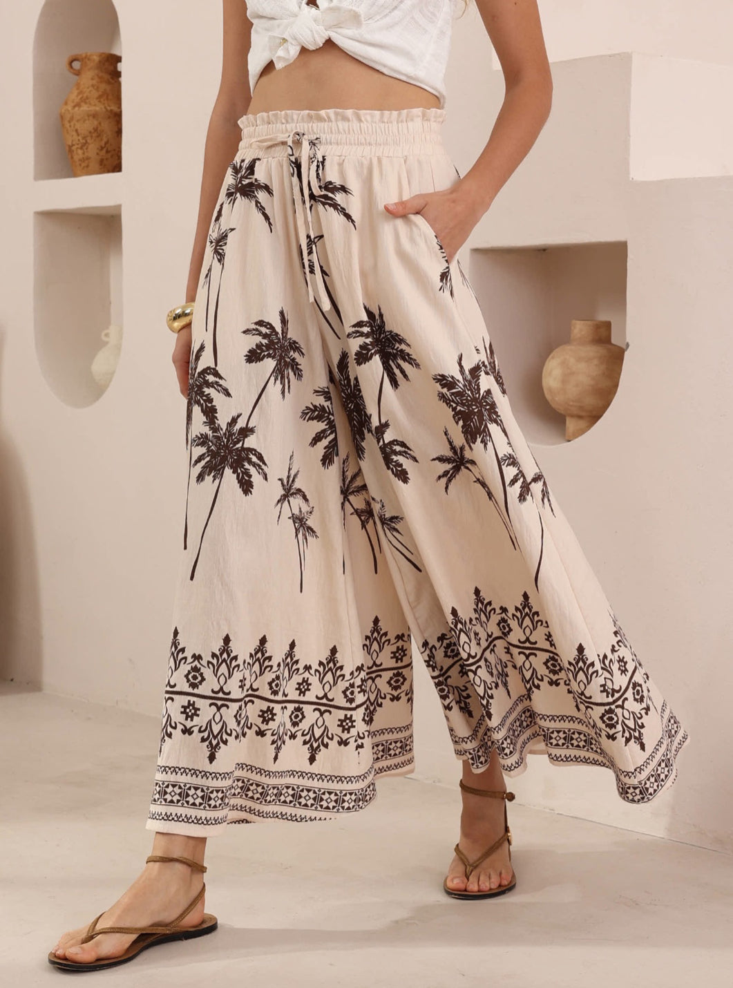 Panama natural / chocolate Palm  Print Palazzo Pants