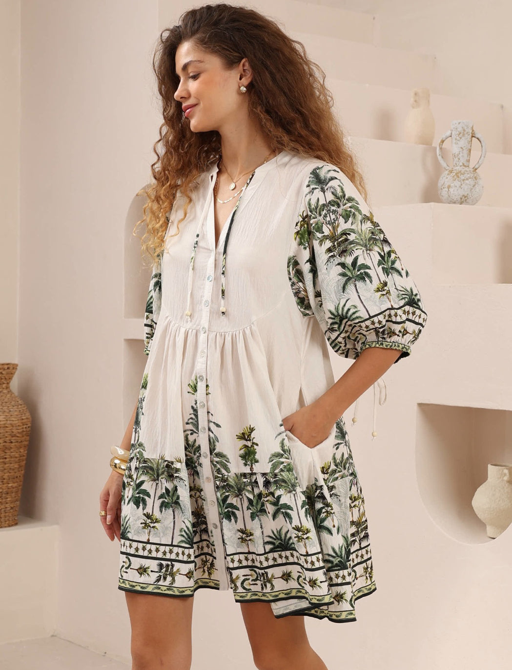 Belinda Green/White Tropical Palm Mini Dress