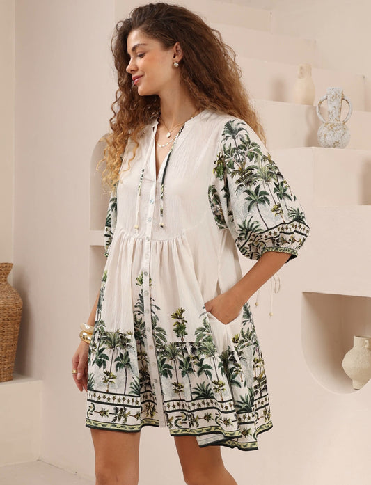 Belinda Green/White Tropical Palm Mini Dress