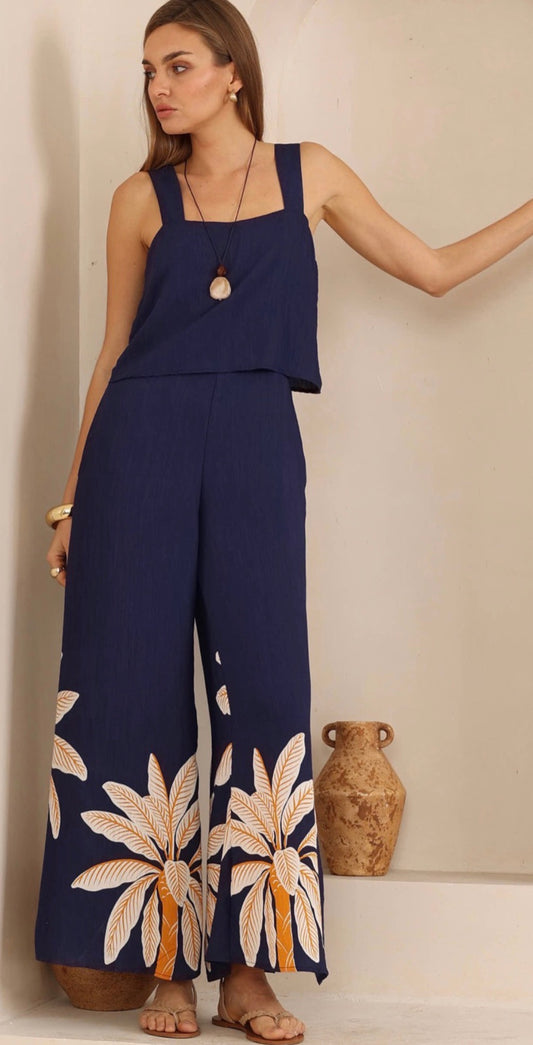 Audrina Navy/Mustard PaLM Jumpsuit