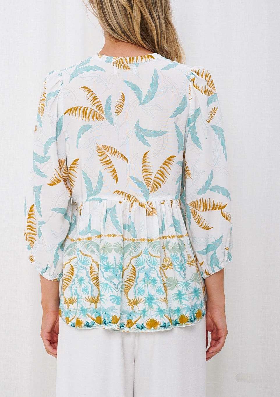 Belle Tropical Blue, Gold and White Print Blouse