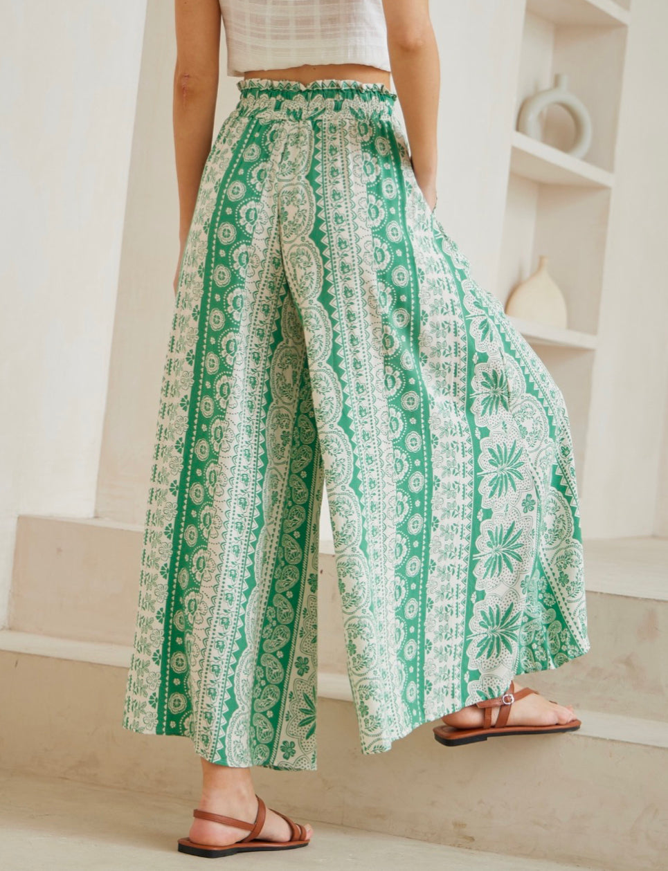 Panama Green/White Palm  Print Palazzo Pants