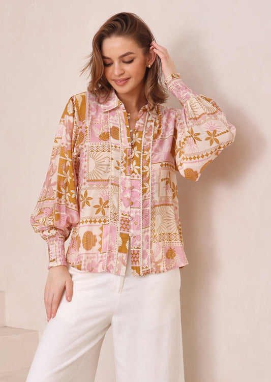 Elizabeth Pink/Tan Floral print Blouse